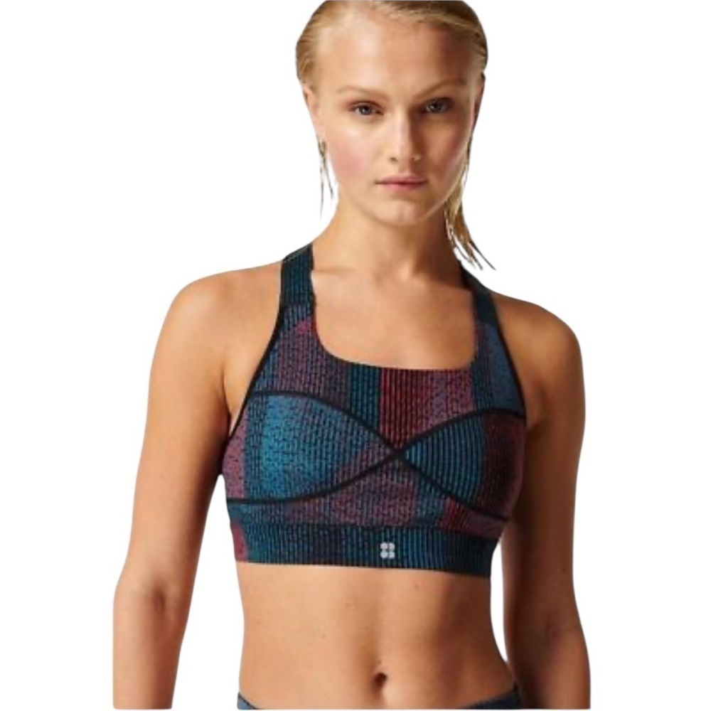 Sweaty Betty Red and Blue Sports Bra with Crisscross Detail size medium